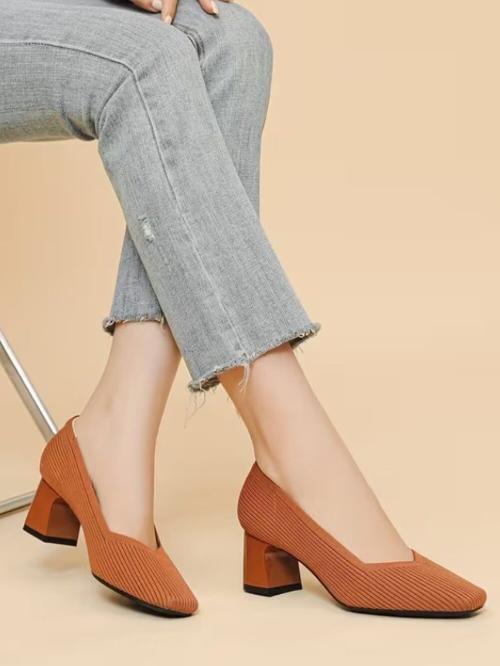 Comfort Knit Square Toe Block Kitten Heels in Brown, 6